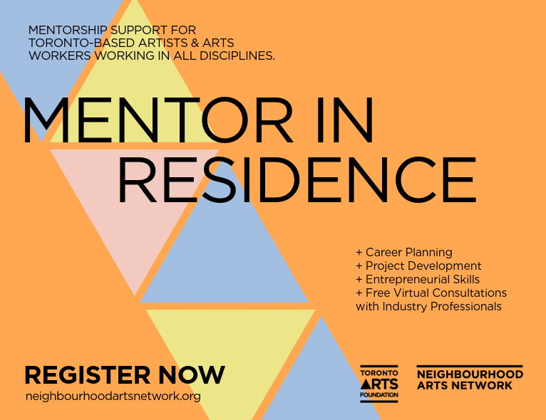 The postcard has an orange square background with a light blue, yellow and pink triangles, promoting mentor in residence program