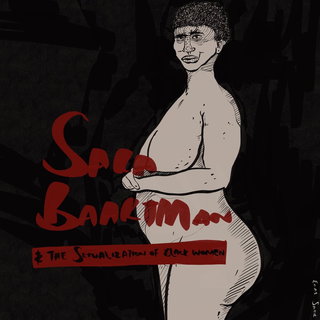 Black and white illustration of a nude woman against a dark background. The text reads "The sexualization of Black Women".