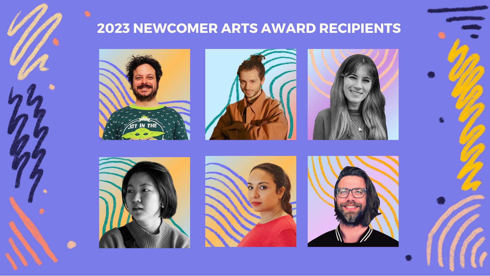 Text reads: 2023 Newcomer Award Recipients. Image: Dark Purple with colourful line motifs. Six grid images of recipients. Click through to read about the recipients