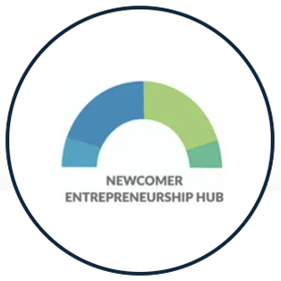 A circular picture with a semi-circle ring in the centre in shades of green with Newcomer Entrepreneurship Hub written under it