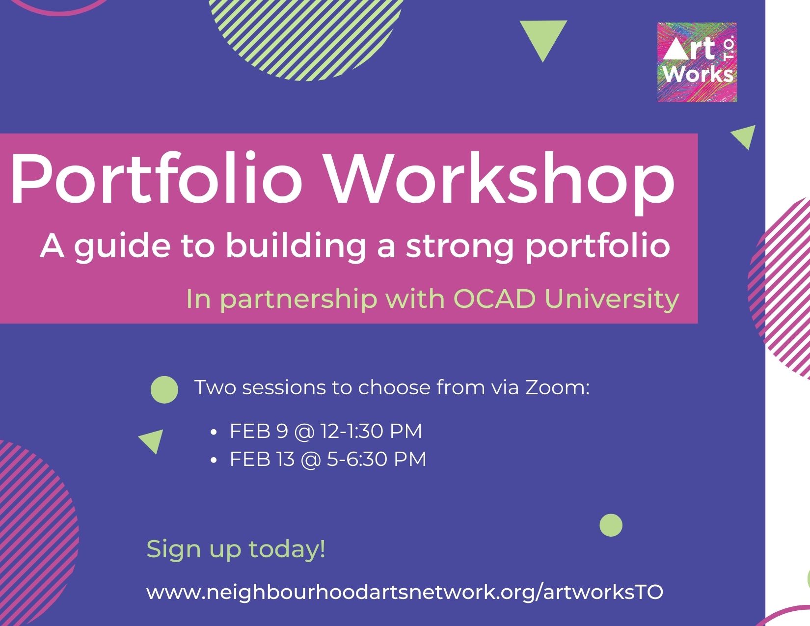 Image: Purple background with pink circles. Text reads: OCAD Portfolio Training  A Guide to Building a Strong Portfolio workshop via Zoom