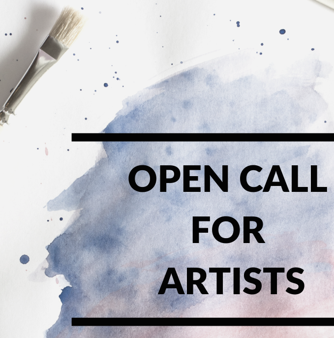 Text reads: Open Call for Artists. Image featuring watercolor brush strokes