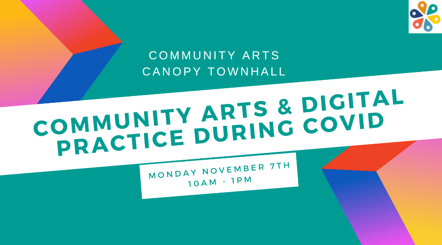 Text reads: Community Arts Canopy Digital Townhall. Community Arts and Digital practice during COVID. Monday Nov 7 from 10am-1:00pm. Text on green background with prism mottifs in blue, red, pink, yel